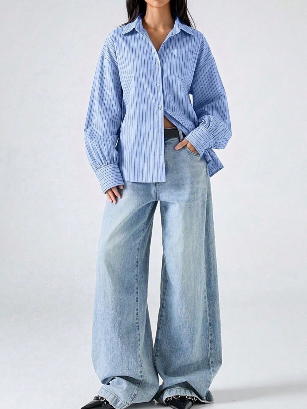Blue Casual Women's Minimalist Striped Print Loose Tie-Front Backless Blouse